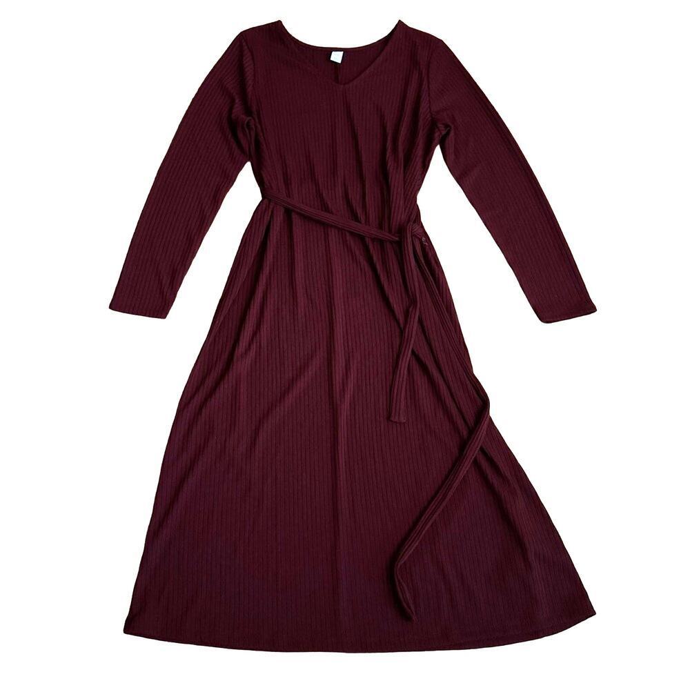 Old Navy Ribbed Maternity Midi Belted Dress Burgundy Size L
